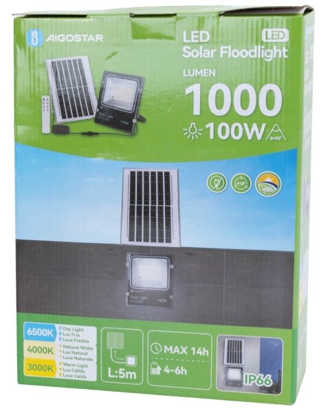 Aigostar-LED Solární reflektor LED/100W/3,2V 2000mAh 3000K/4000K/6500K IP66 + DO