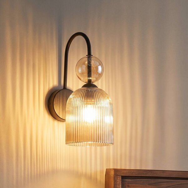 TK Lighting Nástěnné světlo Sophia, koňaková/černá, sklo, výška 33,5 cm, E14, stmívatelný, Hliník / šedá / zinek, Obývací pokoj / jídelna, Sklo