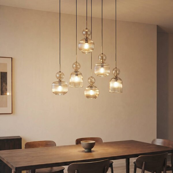TK Lighting Závěsné světlo Sophia, 6 žárovek, 65 cm, koňaková/černá, E14, stmívatelný, Hliník / šedá / zinek, Obývací pokoj / jídelna, Sklo