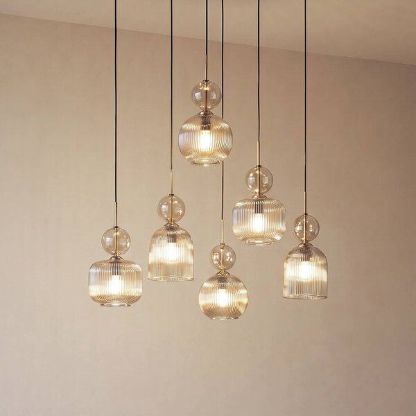 TK Lighting Závěsné světlo Sophia, 6 žárovek, 65 cm, koňaková/černá, E14, stmívatelný, Hliník / šedá / zinek, Obývací pokoj / jídelna, Sklo