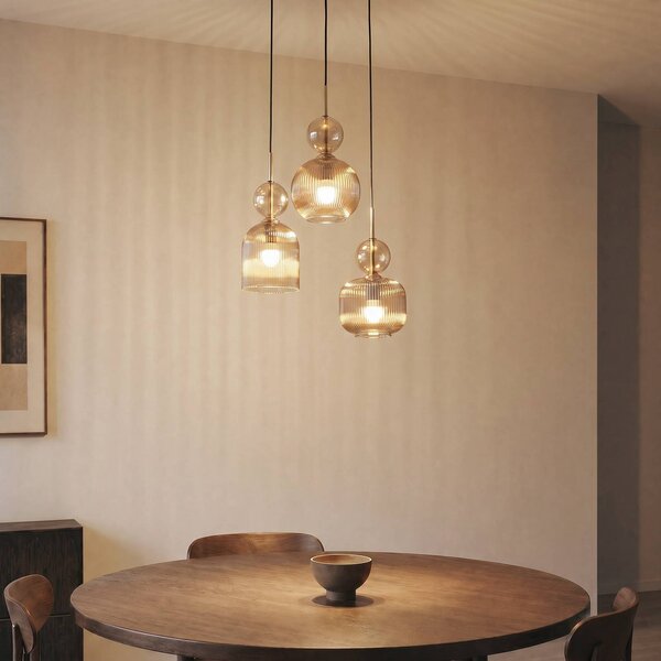 TK Lighting Závěsné světlo Sophia, 3 žárovky, Ø 41 cm, koňaková/černá, E14, stmívatelný, Hliník / šedá / zinek, Obývací pokoj / jídelna, Sklo