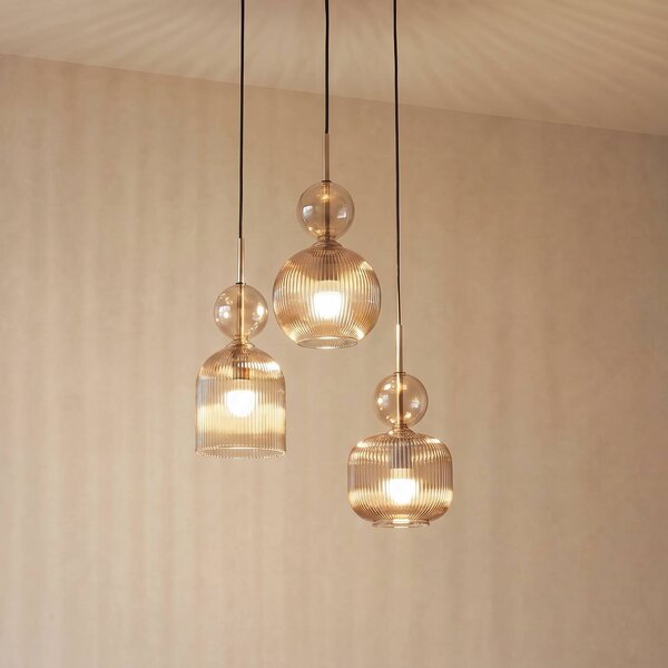 TK Lighting Závěsné světlo Sophia, 3 žárovky, Ø 41 cm, koňaková/černá, E14, stmívatelný, Hliník / šedá / zinek, Obývací pokoj / jídelna, Sklo