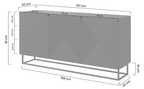 Komoda Asha 167 cm - bílý lesk / černý kovový podstavec
