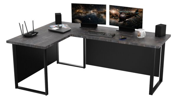 Počítačový rohový stůl NAVI + zadní deska, 200/135x74x65, tmavý beton