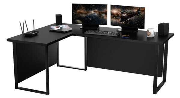 Počítačový rohový stůl NAVI + zadní deska, 200/135x74x65, černá