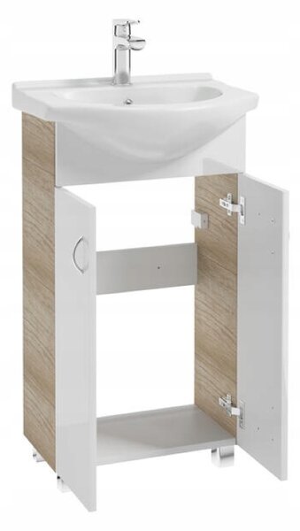 Koupelnová skříňka s umyvadlem, baterií a sifonem 50x86 cm, stojící, bílá čelní strana