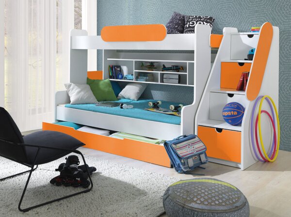 Patrová postel SEGAN pro 3 osoby včetně úložného prostoru (Oranžová)