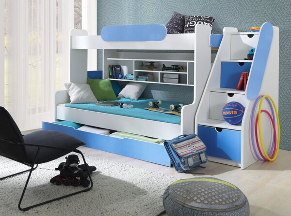 Patrová postel SEGAN pro 3 osoby včetně úložného prostoru (Modrá)