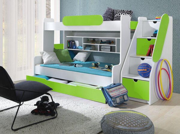 Patrová postel SEGAN pro 3 osoby včetně úložného prostoru (Zelená)