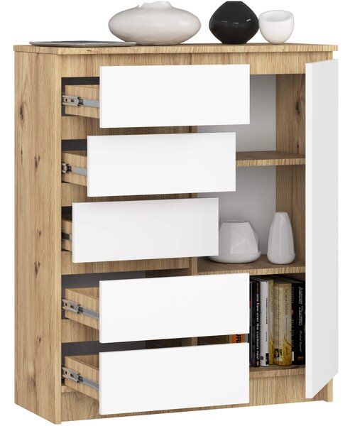 Ak furniture Komoda JERRY 80 cm 1 dveře 5 zásuvek bílá/dub artisan