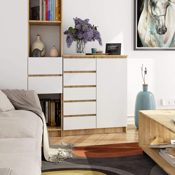 Ak furniture Komoda JERRY 80 cm 1 dveře 5 zásuvek bílá/dub artisan
