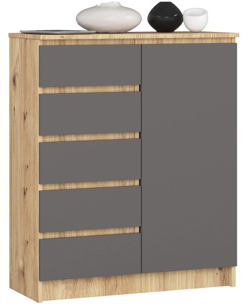 Ak furniture Komoda JERRY 80 cm 1 dveře 5 zásuvek dub artisan/antracitově šedá