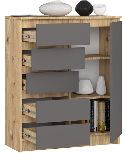 Ak furniture Komoda JERRY 80 cm 1 dveře 5 zásuvek dub artisan/antracitově šedá