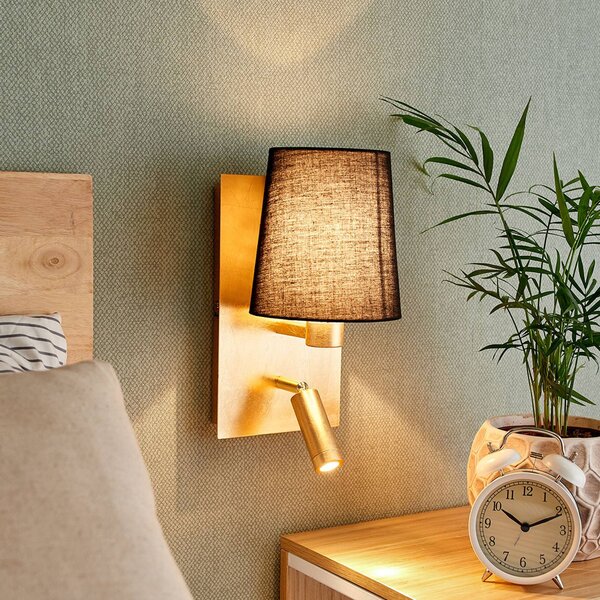 Lindby Nástěnné svítidlo Aiden, 30 cm, černá, zlatá, LED světlo na čtení, Černá, Obývací pokoj / jídelna, Textil / tkanina / hedvábí, Moderní
