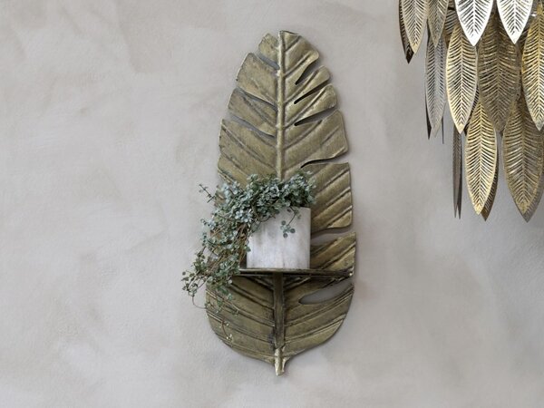 Mosazná antik nástěnná kovová polička ve tvaru peří Feather - 24*12*56cm - Chic Antique