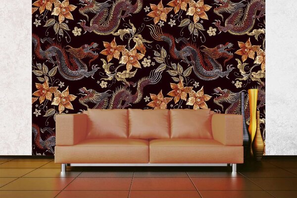 DIMEX | Vliesová fototapeta Vyšívaní draci MS-5-2498 | 375 x 250 cm | červená, fialová, béžová, oranžová, šedá