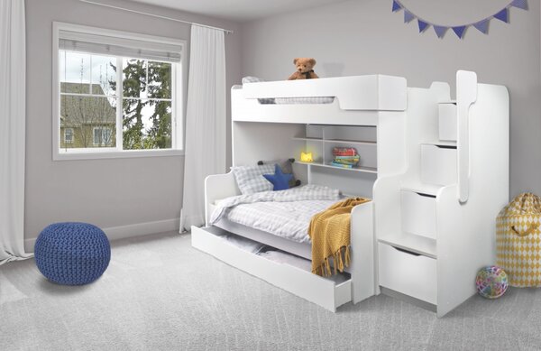 Patrová postel HARRY pro 3 osoby včetně úložného prostoru (Bílá)