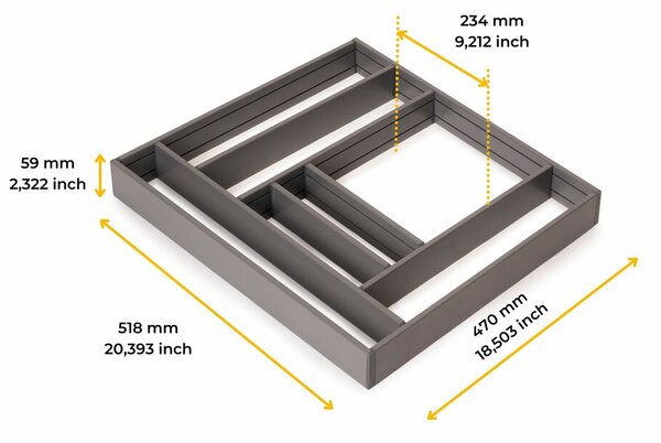 Emuca S.R.L. Hliníkový organizér do zásuvky NEXA – antracit, 600 × 500 mm