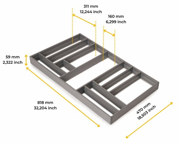 Emuca S.R.L. Hliníkový organizér do zásuvky NEXA – antracit, 900 × 500 mm