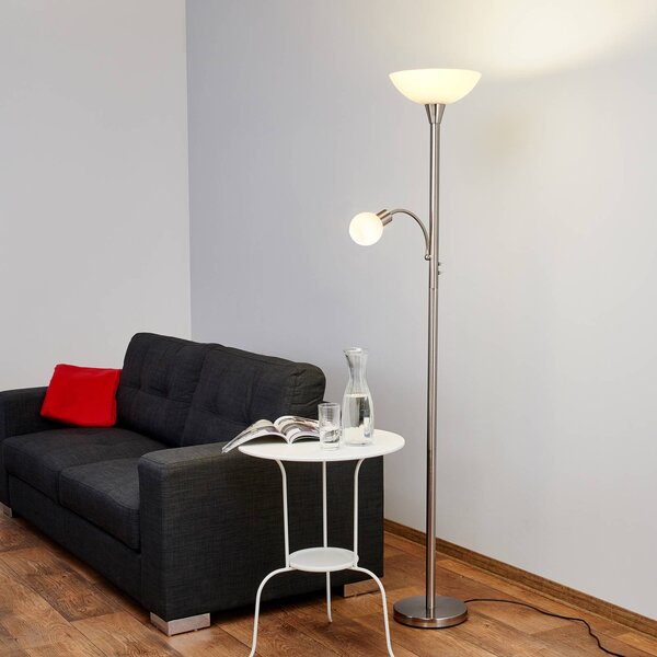 Lindby stojací lampa Elaina, na čtení, niklová barva, 180 cm, E27, Hliník / šedá / zinek, Obývací pokoj / jídelna, kov, Moderní, Lampička na čtení