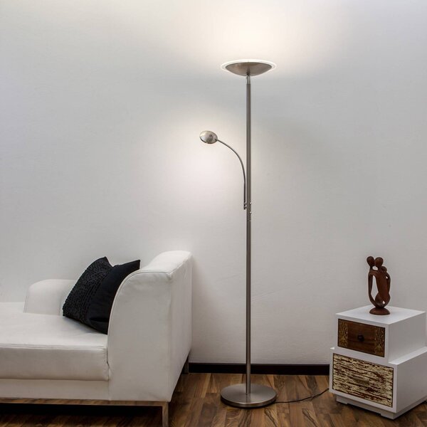 Lindby LED stojací lampa Malea, nikl, na čtení, stmívatelné, stmívatelný, Hliník / šedá / zinek, Obývací pokoj / jídelna, kov, Moderní, Lampička na čtení