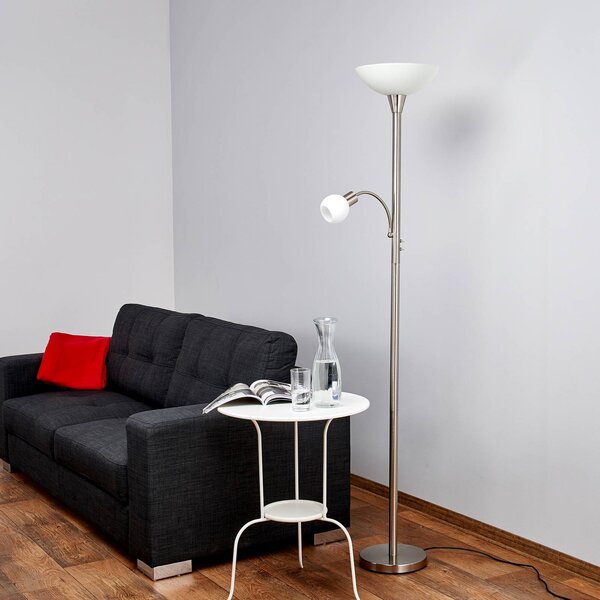 Lindby stojací lampa Elaina, na čtení, niklová barva, 180 cm, E27, Hliník / šedá / zinek, Obývací pokoj / jídelna, kov, Moderní, Lampička na čtení