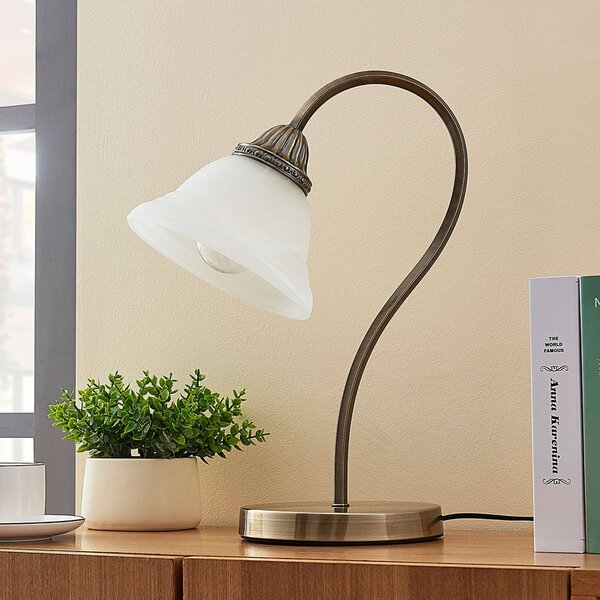 Lindby Stolní lampa Mialina, 42 cm, bílá, sklo, kov, Bronz / starožitná mosaz, Obývací pokoj / jídelna, Sklo