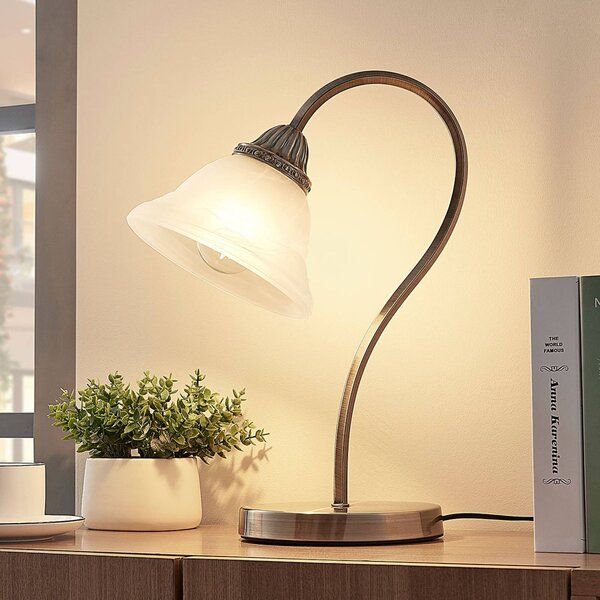Lindby Stolní lampa Mialina, 42 cm, bílá, sklo, kov, Bronz / starožitná mosaz, Obývací pokoj / jídelna, Sklo
