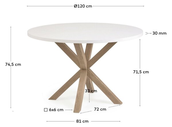 Bílý jídelní stůl Kave Home Argo 120 cm s přírodní kovovou podnoží