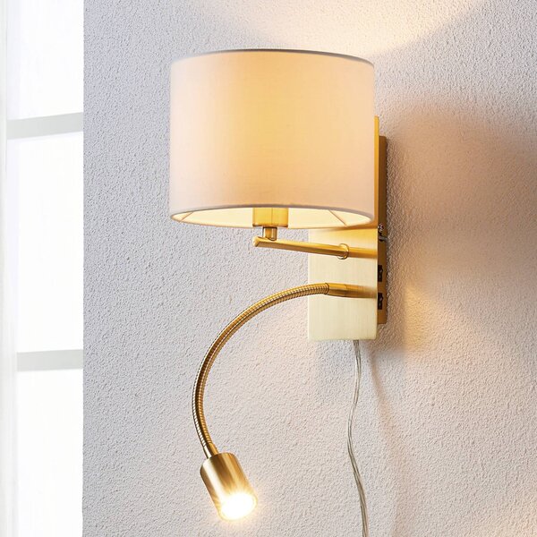 Lindby Nástěnné svítidlo Florens, mosaz, LED lampa na čtení, 23,5 cm, Mosaz / zlato, Obývací pokoj / jídelna, Textil / tkanina / hedvábí, Moderní, Lampička na čtení