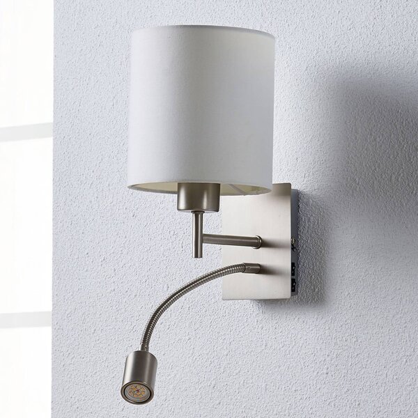 Lindby Nástěnné svítidlo Camilo, barva niklu, LED světlo na čtení, 28 cm, Bílá / opál, Obývací pokoj / jídelna, Textil / tkanina / hedvábí, Moderní, Lampička na čtení