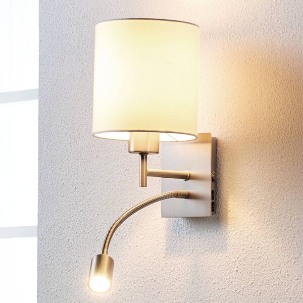 Lindby Nástěnné svítidlo Camilo, barva niklu, LED světlo na čtení, 28 cm, Bílá / opál, Obývací pokoj / jídelna, Textil / tkanina / hedvábí, Moderní, Lampička na čtení