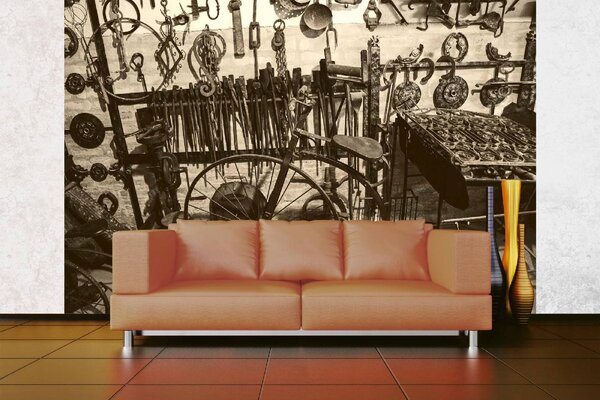 DIMEX | Vliesová fototapeta Staré kolo MS-5-2794 | 375 x 250 cm | bílá, černá