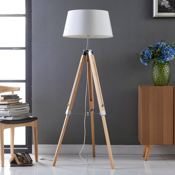 Lindby Stojací lampa Katie, 162 cm, bílá, textil, dřevo, stativ, Bílá / opál, Obývací pokoj / jídelna, Dřevo, Skandinávský, Lampa trojnožka