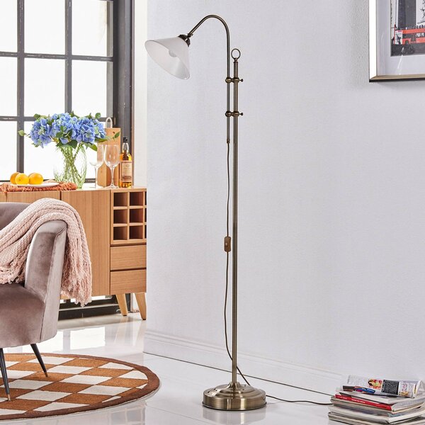 Lindby Stojací lampa Otis, starožitná mosaz, sklo, 170 cm, E27, Obývací pokoj / jídelna, Sklo, Starožitný