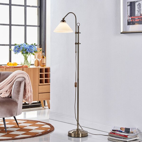 Lindby Stojací lampa Otis, starožitná mosaz, sklo, 170 cm, E27, Obývací pokoj / jídelna, Sklo, Starožitný