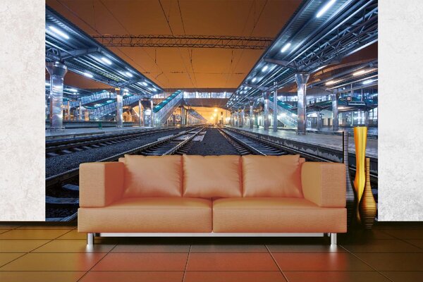 DIMEX | Vliesová fototapeta Železniční stanice v noci MS-5-2860 | 375 x 250 cm | žlutá, metalická, šedá