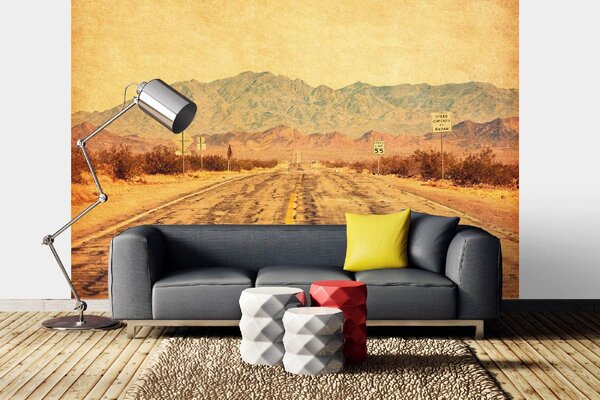 DIMEX | Vliesová fototapeta Route 66 v poušti Mojave MS-5-2858 | 375 x 250 cm | žlutá, hnědá, šedá