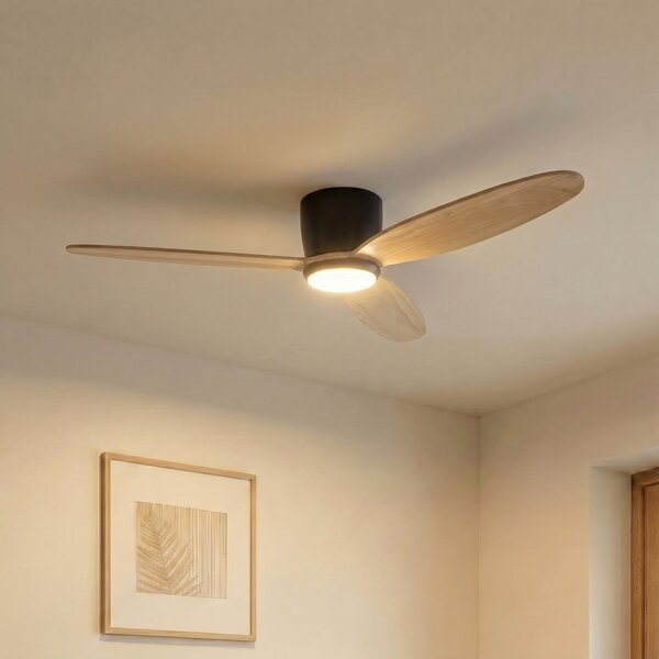 Stropní ventilátor Lignia LED, černý/dřevo, CCT, stmívatelné, Ø 132 cm, DC – Lucande, Lignia, stmívatelné, Dřevo, Obývací pokoj, Dřevo, Skandinávský