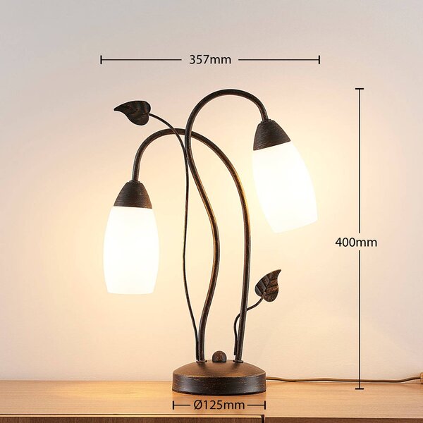 Lindby Stolní lampa Stefania, černá/zlatá, sklo, E14, 40 cm, Hnědá / rez, Obývací pokoj / jídelna, Sklo, Starožitný