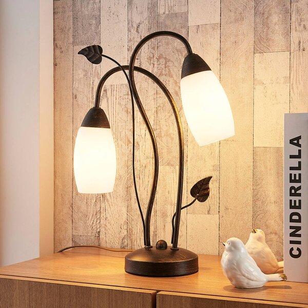 Lindby Stolní lampa Stefania, černá/zlatá, sklo, E14, 40 cm, Hnědá / rez, Obývací pokoj / jídelna, Sklo, Starožitný