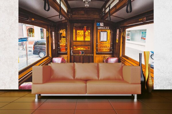 DIMEX | Vliesová fototapeta Stará červená tramvaj MS-5-2890 | 375 x 250 cm | červená, bílá, hnědá