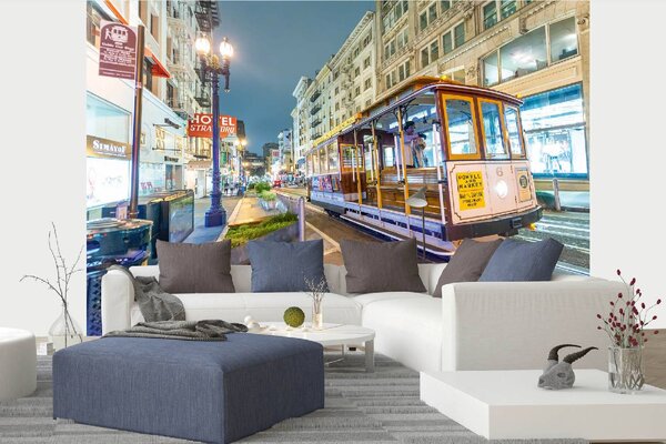 DIMEX | Vliesová fototapeta Noční jízda tramvají MS-5-2889 | 375 x 250 cm | bílá, fialová, béžová