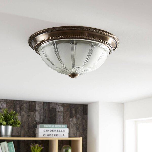 Lindby LED stropní svítidlo Henja, starožitná mosaz, Ø 32 cm, stmívatelné, stmívatelný, Bronz / starožitná mosaz, Obývací pokoj / jídelna, Sklo, Starožitný