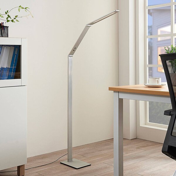 Lucande Stojací lampa LED Nicano, šedá, kov, 125 cm, stmívatelný, Hliník / šedá / zinek, Pracovna / kancelář, Hliník, Moderní, Lampička na čtení