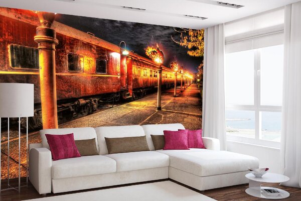 DIMEX | Vliesová fototapeta Vlak a plameny MS-5-2899 | 375 x 250 cm | černá, oranžová, šedá