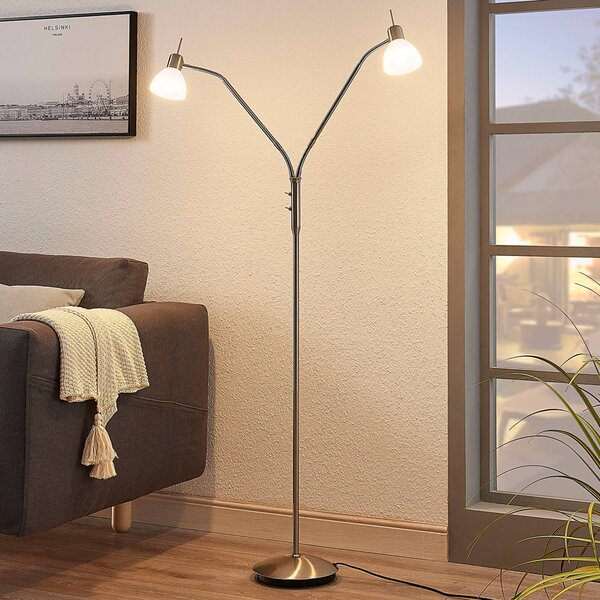 Lindby Stojací lampa Gwendolin, 160 cm, barva niklu, 2 světla., Hliník / šedá / zinek, Obývací pokoj / jídelna, kov, Moderní, stojací lampa
