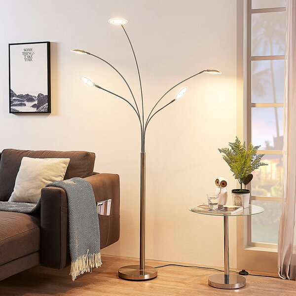 Lindby LED stojací lampa Anea, 179 cm, 5 světel, barva niklu, Hliník / šedá / zinek, Obývací pokoj / jídelna, kov, Moderní