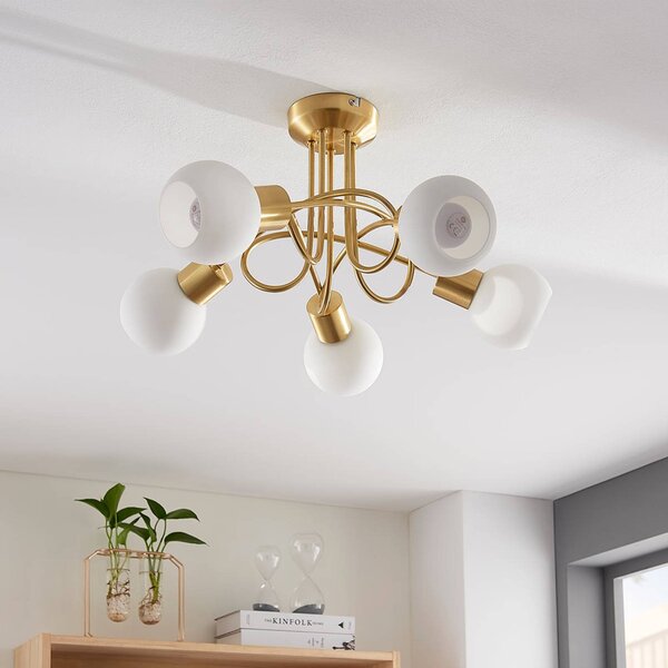 Lindby Stropní svítidlo Elaina, Ø50cm, 5 světel, mosaz, sklo, E14, stmívatelný, Mosaz / zlato, Obývací pokoj / jídelna, Sklo, Moderní