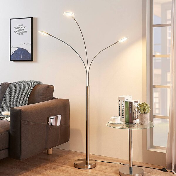 Lindby LED stojací lampa Anea, 168 cm, 3 světla, barva niklu, Hliník / šedá / zinek, Obývací pokoj / jídelna, kov, Moderní